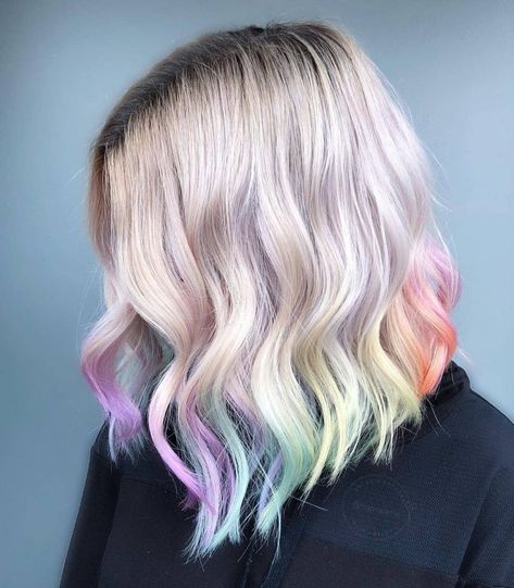 35 of the Most Beautiful Short Hairstyles with Pastel Colors Colored Highlights For Blondes, Hair Colors Short Hair, Blonde Hair With Color Peekaboos, Bright Balayage, Pastel Hair Colors, Demi Girl, Hidden Rainbow Hair, Hair Formulas, Pastel Rainbow Hair