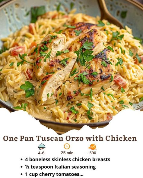 Recipestep Tuscan Orzo, Orzo With Chicken, Creamy Orzo, Orzo Pasta, Boneless Skinless Chicken, Chicken Dishes Recipes, One Pan, Boneless Skinless Chicken Breast, Chicken Tenders