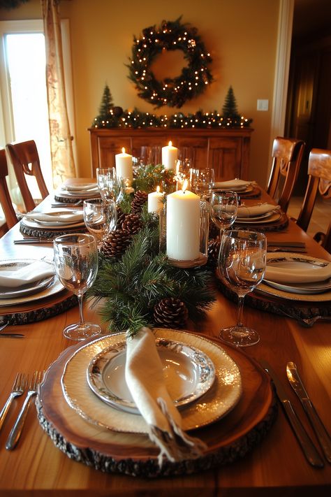 A full, lush tree with burlap ribbons, wooden ornaments, and hand-made touches like cinnamon sticks or dried orange slices. Christmas Dining Table Decor Ideas, Elegant Dining Table Decor, Dining Table Styling, Dining Table Decor Ideas, Elegant Dining Table, Christmas Dining Table Decor, Christmas Feast, Room Table Decor, Christmas Dining Table