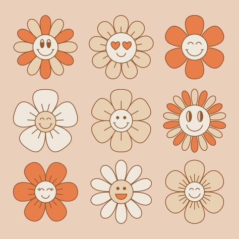 Groovy Doodles Easy, Boho Retro Background, Flower 70s Aesthetic, How To Draw Retro Flowers, Retro Flowers Drawing, 70s Flower Painting, 70s Flowers Aesthetic, 70s Aesthetic Flowers, Retro Floral Background