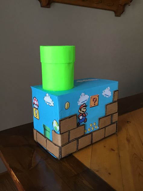 Mario themed Valentine’s Day box Basketball Valentine Boxes, Pokemon Valentines Box, Star Wars Valentines Box, Valentine Box Ideas For School, Diy Valentine's Mailbox, Valentine Box Ideas, Girls Valentines Boxes, Pokemon Valentine, Valentine Boxes For School