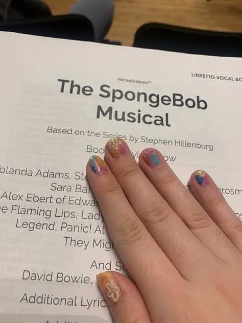 i got these when i was casted in the ensemble for spongebob the musical ! -•- #spongebob #nailart #funkynaildesigns #nailsofinstagram #nailinspiration #naildesign #nailstagram #nailideas #nailartaddict #nailartdesign #flowernaildesigns #flowernailart #spongebobnails Spongebob Flowers Nails, Spongebob Nails Easy, Spong Bob Nails, Sponge Bob Nails Acrylic, Nails Acrylic Spongebob, Spongebob Nails, Flaming Lips, Funky Nail Designs, Flower Nail Designs