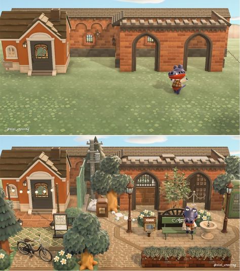 Buildings Animal Crossing, Acnh Island Builds, Acnh Villager House Exterior Ideas, Anch Towncore, Towncore Animal Crossing, Acnh Ordinances, Acnh Villager House Exterior, Acnh Towncore Ideas, Acnh Island Build Ideas