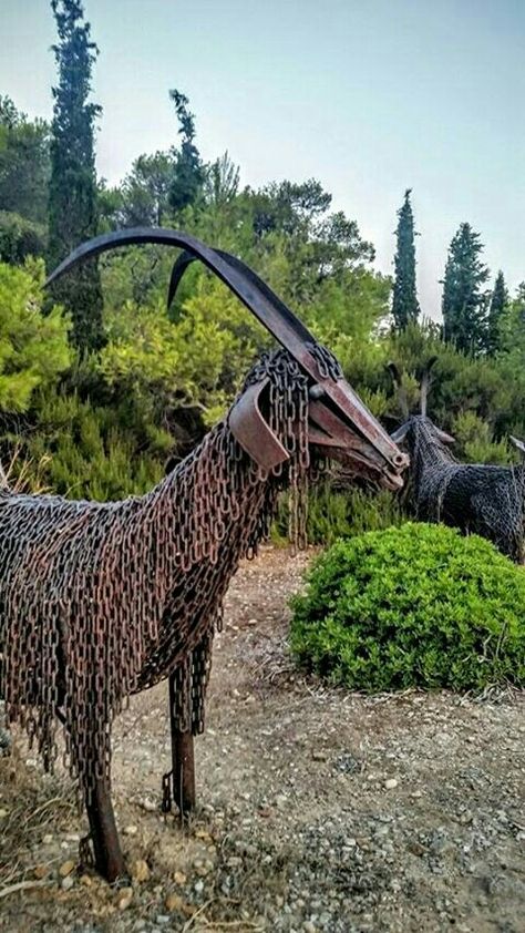 Natalia Mela, metal goat Tire Art, Found Object Art, Metal Yard Art, Metal Garden Art, Sculpture Metal, Rustic Art, Metal Art Sculpture, Outdoor Sculpture, Garden Art Sculptures