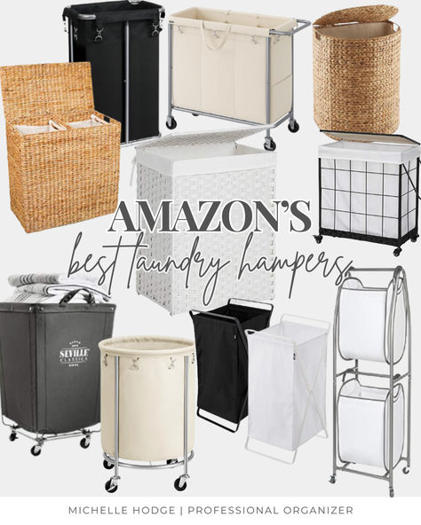 A collage of various stylish and practical laundry hampers available on Amazon. Featuring a mix of wicker, fabric, and metal hampers, all selected by professional organizer Michelle Hodge. Perfect for organizing your laundry space with the best hampers that combine functionality and style. Laundry Hamper Ideas, Room Hampers, Hamper Ideas, Laundry Hampers, Messy House, Clothes Hamper, Home Organization Hacks, Professional Organizer, Junk Drawer