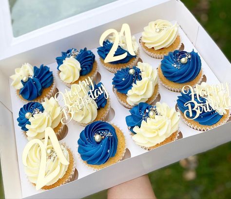 Blue Cupcakes For Men, Royal Blue Cupcakes Ideas, Birthday Cupcake Decorating Ideas For Men, Male Birthday Cupcakes, Male Cupcakes Ideas, 90th Cupcakes, 21st Birthday Cupcakes For Guys, Birthday Cupcakes Ideas For Boyfriend, Happy Birthday Cupcakes For Men