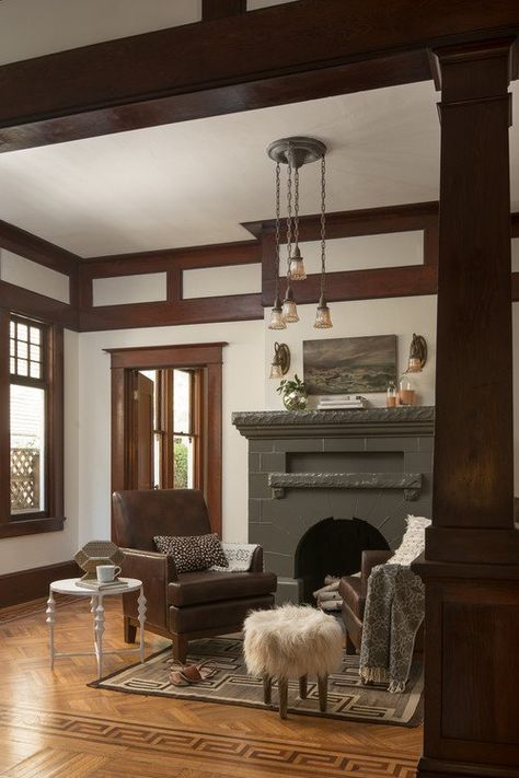 Light and Dark Decor in Craftsman Home | Town & Country Living Craftsman Living Rooms, Craftsman Home Decor, Craftsman Interiors, Craftsman Living Room, Craftsman Home Interiors, Craftsman Decor, Craftsman Interior, Dark Decor, Craftsman Home