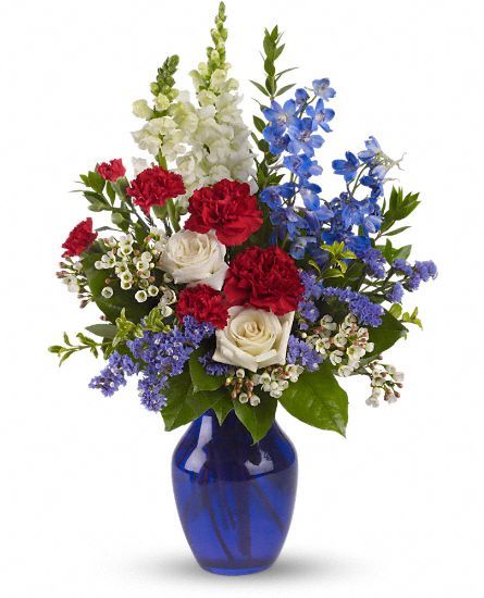 Patriotic Flower Arrangements, Blue Flower Arrangements, Patriotic Flowers, Cobalt Blue Vase, Blue Delphinium, White And Blue Flowers, Sea To Shining Sea, Cemetery Flowers, Church Flowers