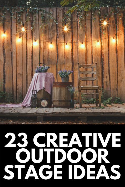 An outdoor stage is a super fun, creative, and useful focal point for your next outdoor event, and in this article, we take a look at 23 of the most creative outdoor stage ideas out there! Read more at OwnTheYard.com! Backyard Stage Diy, Backyard Karaoke Stage, Outdoor Concert Decorations, Outdoor Band Stage, Backyard Music Stage, Pallet Stage Platform, Boho Stage Design, Backyard Concert Ideas, How To Build A Stage