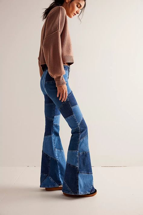 We The Free No Boundaries Pieced Jeans | Free People Thrift Flip Clothes Ideas, Patchwork Jeans Outfit, 70s Jeans, Flare Jeans Outfit, Unique Jeans, Fancy Fits, Denim Flare Jeans, Clothing Staples, Patterned Jeans