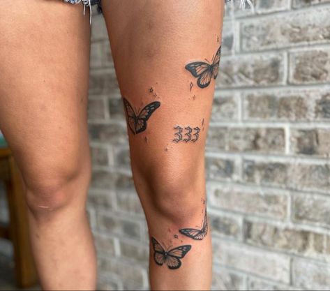 Detail Tattoo For Women, Butterfly Tattoo Leg Sleeve, Leg Tattoos Women Patchwork Simple, Lower Leg Patchwork Tattoos, Above Knee Tats For Women, Butterfly Tattoo Above The Knee, Scattered Leg Tattoos For Women, Upper Thigh Patchwork Tattoo, Patch Work Leg Sleeve Tattoo Woman