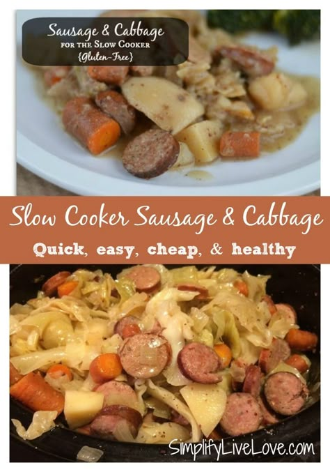 A quick, easy, cheap and healthy dinner idea. This crockpot sausage and cabbage recipe is sure to be a hit in your life, if you like cabbage of course! Crockpot Sausage, Sausage And Cabbage, Sausage Cabbage, Cheap Healthy Dinners, Crock Meals, American Goulash, Cabbage And Sausage, Cabbage Recipe, Paleo Crockpot