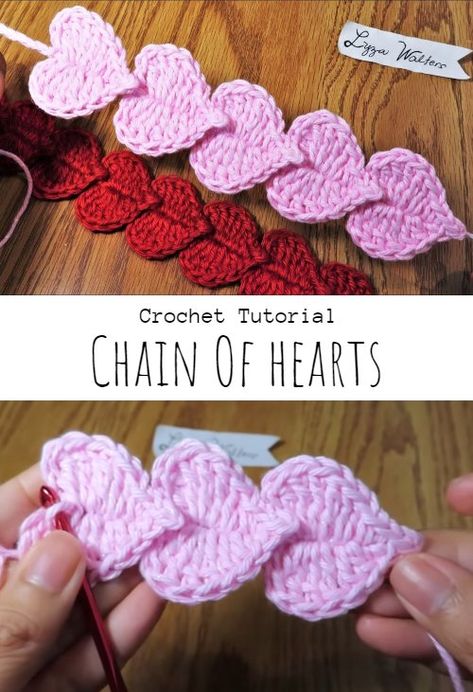 Crochet Heart Headband Pattern Free, Crochet Heart Chain Free Pattern, Spiral Heart Crochet, Crochet Chain Of Hearts, Heart Chain Crochet, Crochet Heart Border Free Pattern, String Of Hearts Crochet Pattern, Crochet Heart Ideas, Crochet Heart Bookmarks Free Patterns