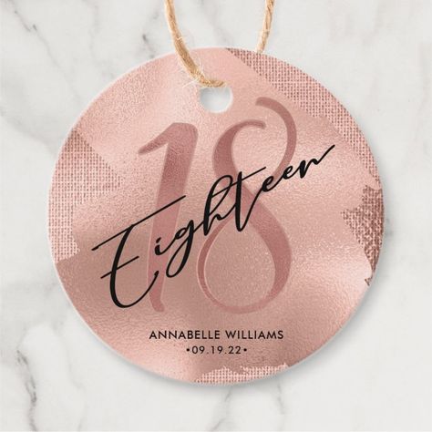 18th Birthday Giveaways Ideas, 18th Debut Ideas, Gold 18th Birthday, Souvenir Tags, Invitation Rose Gold, Typography Script, Rose Gold Backgrounds, Tags Design, Birthday Giveaways