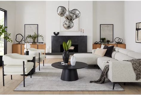 Neutral And Black And White And Green Living Room, Gray Couch Living Room Decor, Cream And Black Living Room, White And Black Living Room, Beige And Black Living Room, Gray Couch Living Room, Black Round Coffee Table, Sectional Living Room Decor, Sunroom Remodel