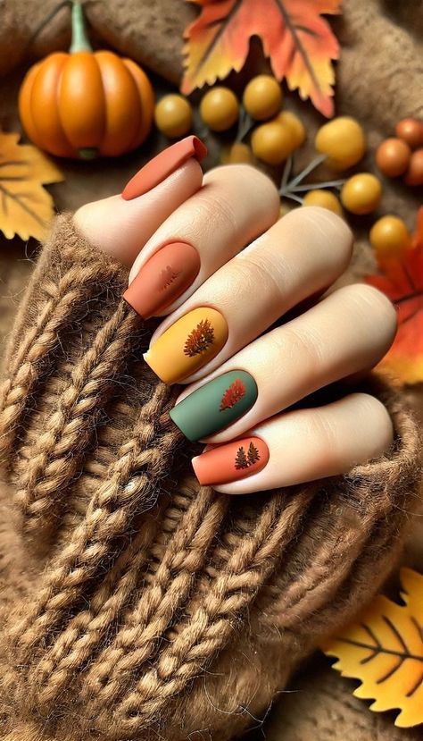 #AutumnNails #FallManicure #NailArtInspiration #CozyNails #SweaterWeatherNails #PumpkinSpiceNails #HarvestNails #FallingLeavesNails #SeasonalNails #NailTrends Yellow And Olive Green, Harry Potter Nail Art, Pumpkin Spice Nails, Harry Potter Nails, Color Terracota, Fall Manicure, Sweater Nails, Seasonal Nails, Sweater Season