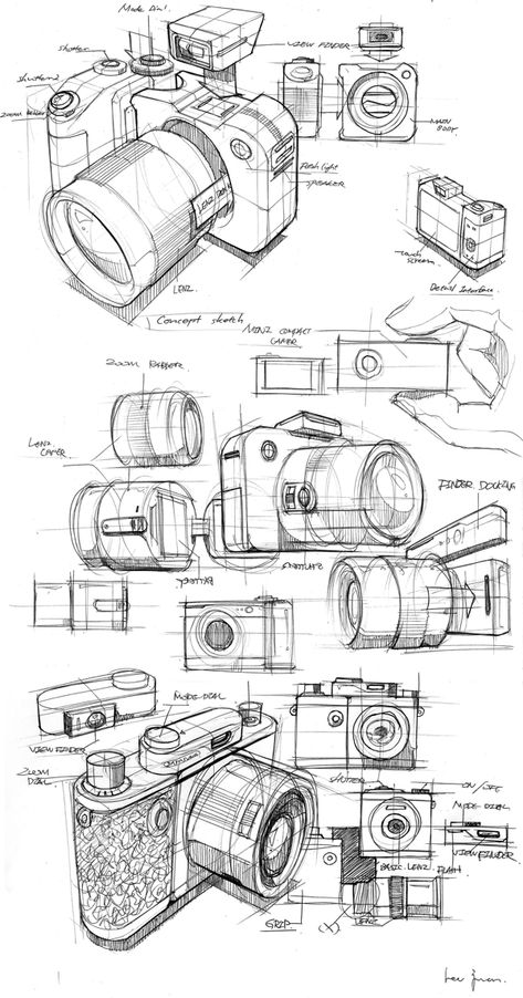 M-Tro Camera by Juan Lee, via Behance ✤ || CHARACTER DESIGN REFERENCES | キャラクターデザイン | çizgi film • Find more at https://www.facebook.com/CharacterDesignReferences & http://www.pinterest.com/characterdesigh✤ Fotocamere Vintage, Structural Drawing, Some Drawings, Camera Drawing, Cool Pencil Drawings, Object Drawing, Industrial Design Sketch, Foto Tips, Perspective Drawing