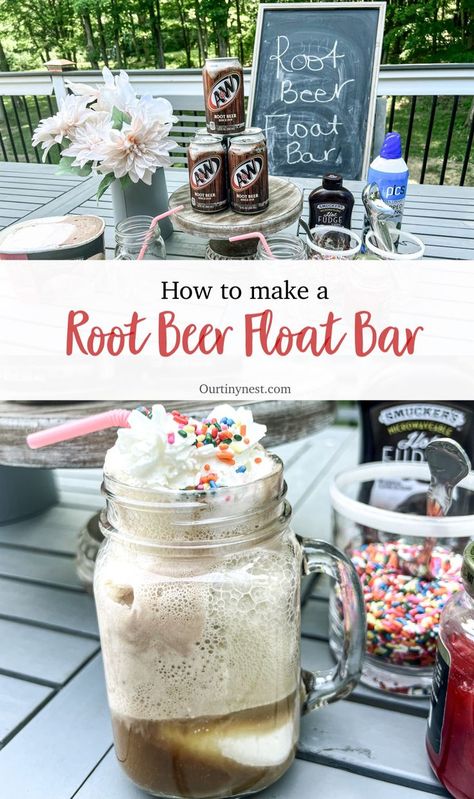 Root beer float bar Root Beer Float Party Ideas, Rootbeer Float Bar, Rootbeer Float Bar Parties, Root Beer Float Party, A&w Root Beer Float, Root Beer Floats Party, Root Beer Float Bar, Beer Float, A&w Root Beer