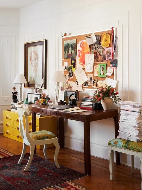 Eclectic Home Office Decor, Table As Desk Home Office, Office With Monitors, Desk In Small Room, Small Desk Areas, Desk Area In Living Room, Eclectic Office Decor, Tiny Office Space, Desk Vibes