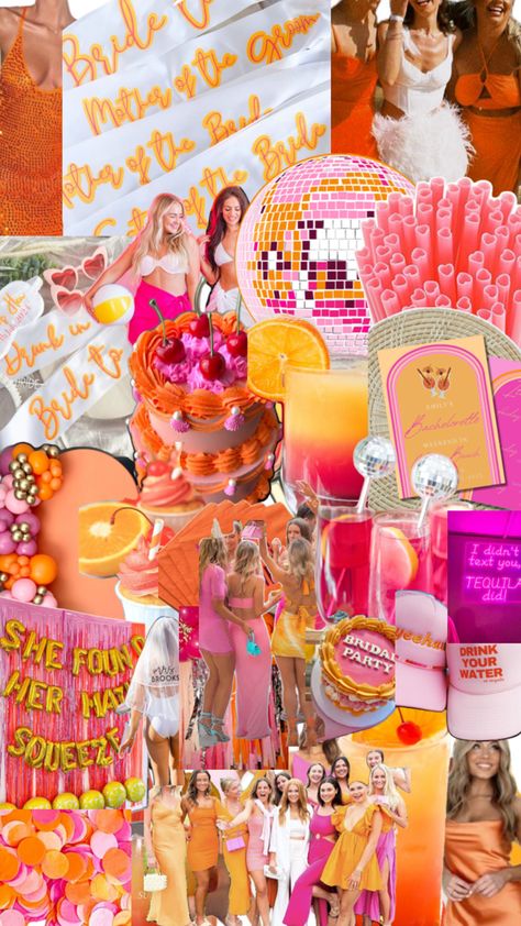 Vibrant Color Bachelorette, Hens Themes Ideas, Disco And Tequila Bachelorette, Summer Hens Party, Pink And Orange Hens Theme, Pink And Yellow Bachelorette Party, Tequila Sunset Bachelorette Theme, Pink And Orange Bachelorette Party Theme, Sunset Bachelorette Party