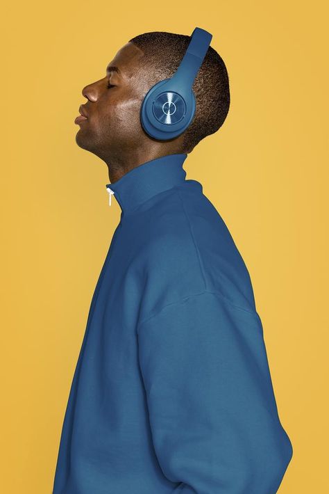 Man wearing blue headphones and outfit | premium image by rawpixel.com / McKinsey Man Listening To Music, Man Profile, Blue Headphones, Headphone Outfit, Stock Photos People, Streetwear Photoshoot, Men Fashion Photoshoot, Wearing Headphone, Studio Photography Fashion