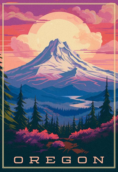 Mount Hood Painting, Oregon Landscape Photography, Oregon Artwork, Oregon Illustration, Oregon Wallpaper, Oregon Poster, Graphic Design Landscape, Travel Signs, Oregon Aesthetic