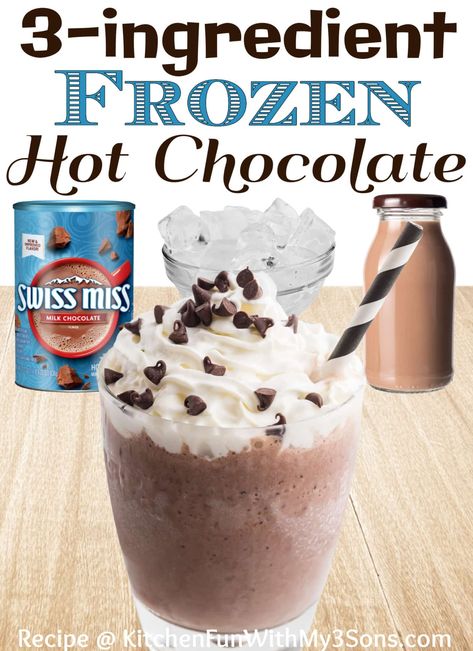 With just 3 ingredients, this Frozen Hot Chocolate is perfect for hot summer days! All you need is milk, hot cocoa mix, ice, and 5 minutes to make this cold and refreshing chocolate drink. #recipes #drinks #dessert Frozen Hot Chocolate Recipe Dq, Cold Hot Chocolate Drinks, How To Make Cold Hot Chocolate, Hot Chocolate Frappuccino, Homemade Frozen Hot Chocolate, Easy Frozen Hot Chocolate, How To Make Iced Hot Chocolate, Frozen Coffee Drinks Recipes Blenders, Cold Treats To Make At Home