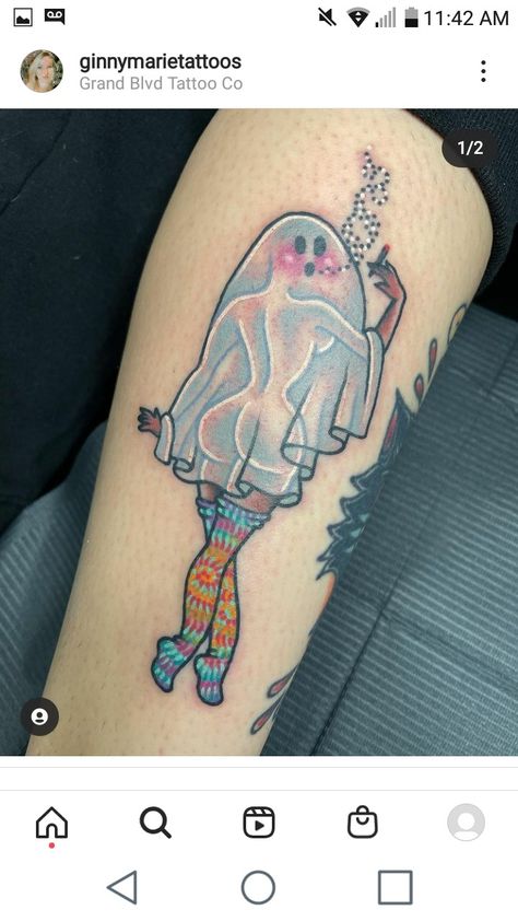 Cute Macabre Tattoo, Pin Up Ghost Tattoo, Ghost Bee Tattoo, Pinup Ghost Tattoo, Ghost Girl Tattoo, Halloween Pin Up Tattoo, Ghost Pinup Tattoo, Cute Ghost Tattoo Ideas, Mini Halloween Tattoos