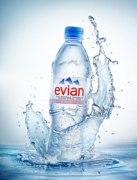 Personal Project Water Advertising, Water Ads, Evian Water, Mineral Water Brands, Image Joker, Water Bottle Label Design, Mineral Water Bottle, Water Shoot, Natural Mineral Water