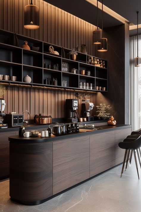 kitchen interior kitchen inspo modern design dark wood floors home inspo Slatted Wall Kitchen, Office Coffee Bar Ideas Small Spaces, Office In Kitchen, Modern Office Kitchen, Modern Home Bar, Desain Pantry, Home Bar Design, Home Bar Designs, Modern Kitchen Interiors