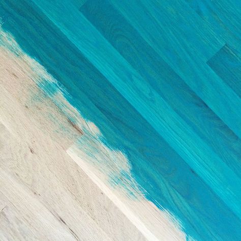 DIY:  How to Stain Wood Floors, using Paint - unhappy with the stain choices available, this blogger mixed her favorite paint color with water to get this awesome look - via A Beautiful Mess Color Washing Wood, How To Color Wash Wood, Painted Wood Floors Colors, Painting Wood Floors, Stained Wood Floors, Ground Painting, Color Washed Wood, Cheap Wood Flooring, Unicorn House