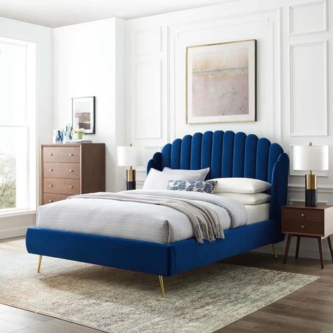 Barhorst Queen Tufted Upholstered Low Profile Platform Bed Kids Headboards, Blue Bed, Shaped Headboard, Queen Platform Bed, Velvet Bed, Modway Furniture, Bed Base, Blue Bedding, Upholstered Platform Bed