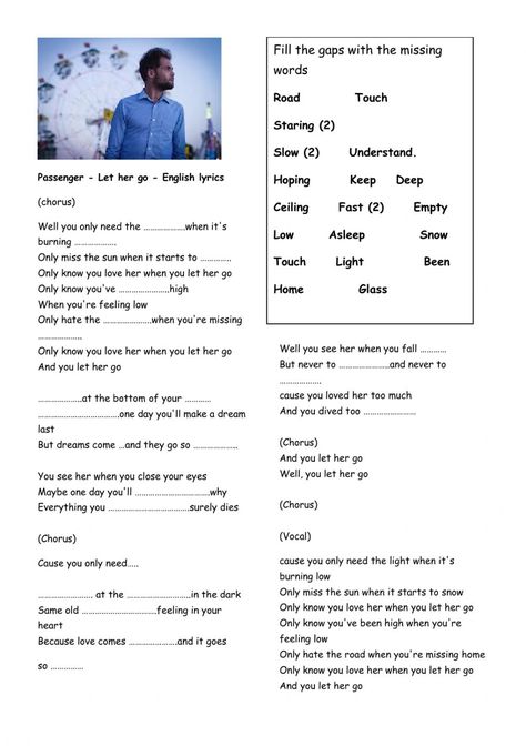 Listening comprehension interactive and downloadable worksheet. You can do the exercises online or download the worksheet as pdf. Music Listening Worksheet, Recount Text, English Liveworksheet, Song Worksheet, Listening Worksheet, Passenger Let Her Go, Listening Test, English Exercises, Music Worksheets