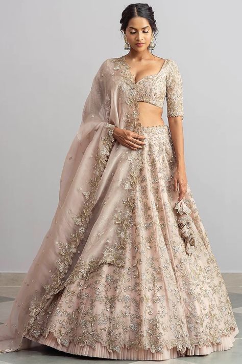 Champagne Zardosi Embroidered Lehenga Set Design by Anushree Reddy at Pernia's Pop Up Shop 2024 Champagne Lehenga, Anushree Reddy Lehenga, Raw Silk Lehenga, Organza Lehenga, Anushree Reddy, Pink Lehenga, Embellished Blouse, Silk Lehenga, Embroidered Neckline