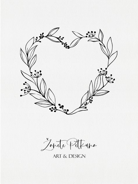 Wedding Hand Embroidery Patterns, Wedding Cards Drawing Hand Drawn, Floral Heart Design, Simple Flower Wreath Drawing, Leaf Heart Drawing, Drawing Wreaths Simple, Floral Heart Embroidery Pattern, Wedding Drawings Easy, Pretty Heart Drawing