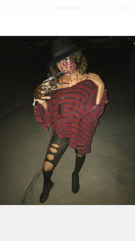 Woman Freddy Kruger, Diy Freddy Krueger Costume Women, Freddie Kruger Costume Women, Freddy Kruger Make Up, Freddy Kruger Girl Costume, Girl Freddy Krueger Costume, Horror Movie Halloween Costumes Women, Freddy Krueger Costume Women, Customes Halloween