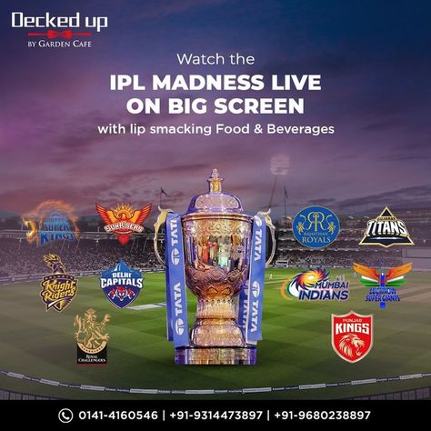 The cricket festival is back.😍 IPL2022 is ON...🤩 Come watch it and cheer for your favorite team with us every day from 7:30 PM onwards on the big screen. Enjoy the live screening with delicious food & beverage only at Decked Up by Garden Cafe. Reserve your table now! . . #deckedup #gardencafe #ipl2022 #livescreening #matchday2022 #tataipl #tataipl2022 #iplseason #cricketcarnival #cricketmania #bigscreen #jaipurpeople #cricketlovers #cricketfansindia #jaipurdiaries #pinkcityjaipur Ipl Cricket, Ipl Live, Live Screen, Garden Cafe, Watch It, Big Screen, Delicious Food, Favorite Team, The Live