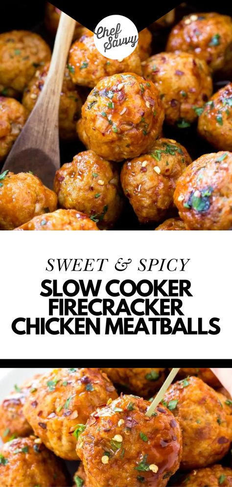 Firecracker Meatballs Crockpot, Chicken Meatball Appetizer Party Appetizers, Slow Cooker Chicken Meatballs, Crockpot Chicken Meatballs, Slow Cooker Meatball Recipes, Chicken Meatballs Crockpot, Firecracker Chicken Meatballs, Firecracker Meatballs, Crockpot Party Food