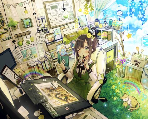 Artist Workspace, Background Reference, Girl Artist, Room Background, Anime Room, Anime Cat, 판타지 아트, 영감을 주는 캐릭터, Awesome Anime