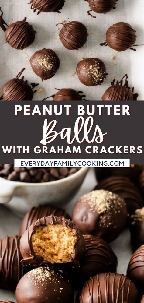 My peanut butter balls with graham crackers are filled with creamy peanut butter and crunchy graham crackers, and are dipped in chocolate! They’re so easy to put together — and they’re no-bake! Graham Cracker Dessert, Peanut Butter Balls Easy, Cracker Dessert, Graham Cracker Recipes, Peanut Butter Balls Recipe, Peanut Butter Truffles, Dipped In Chocolate, Butter Balls, Chocolate Graham Crackers