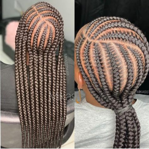 Middle Part Feed In Braids Cornrows, Quick Feed In Braids Hairstyles, Feed In Braids To The Side, Trendy Feed In Braids, Feed In Braids For Older Black Women, 7-8 Feedin Braids, 5 Feed In Braids Hairstyles, Quick Feed In Braid Styles To The Back, 9 Feed In Braids