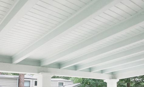 Front Porch Addition Ideas, Covered Patio Ceiling, Pergola Ceiling, Patio Ceilings, Gray Beadboard, Installing Beadboard, Build Patio, Patio Ceiling, Barn Restoration