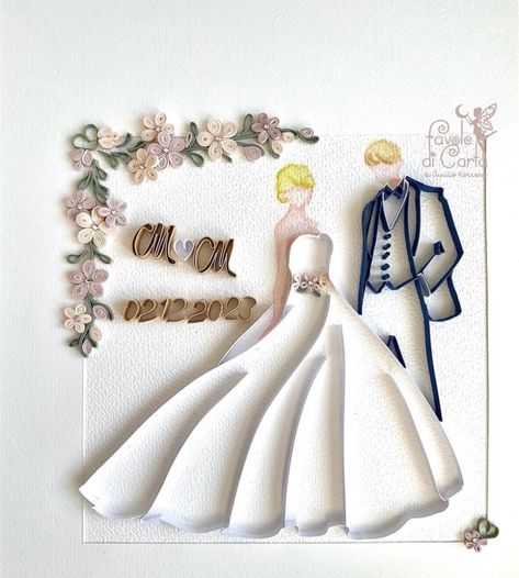 Couple Quilling Art, Quilling Wedding Cards, Paper Quilling Wedding, Wedding Quilling Ideas, Wedding Quilling, Paper Quilling For Beginners, Quilling 3d, Cardboard House, Paper Quilling Designs