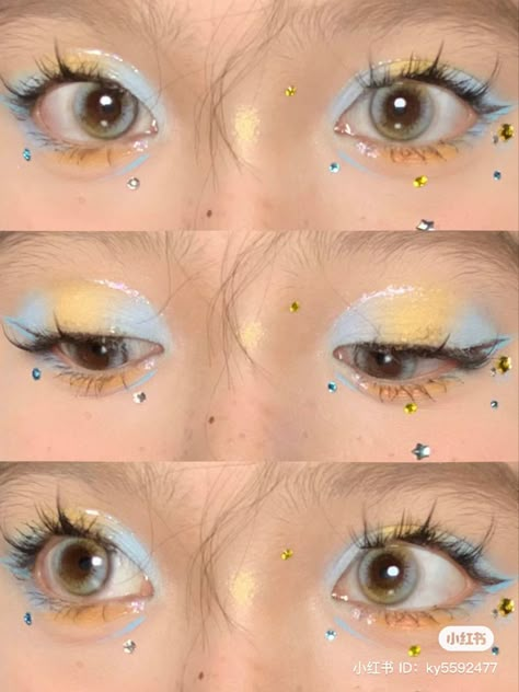 Yellow Make Up Looks, Eye Makeup Looks Colorful, Yellow Blue Eyeshadow, Cute Blue Makeup, Makeup Inspo Colorful, Blue And Yellow Makeup, Artsy Eye Makeup, Cute Easy Makeup, Weirdcore Makeup