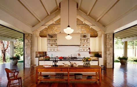 From the Land, a Book to be Savored Veranda Interiors, Dapur Rustic, Beach House Design, Antique Kitchen, Spacious Kitchens, California Homes, Ceiling Beams, Traditional Kitchen, Open Kitchen