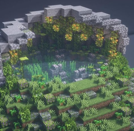 Waterfall Design Minecraft, Overgrown Garden Minecraft, Minecraft Frog Pond Ideas, Lake Base Minecraft, Minecraft Jungle Garden, Swamp Biome Minecraft, Pond House Minecraft, Cute Minecraft Pond Ideas, Minecraft Small Waterfall Pond