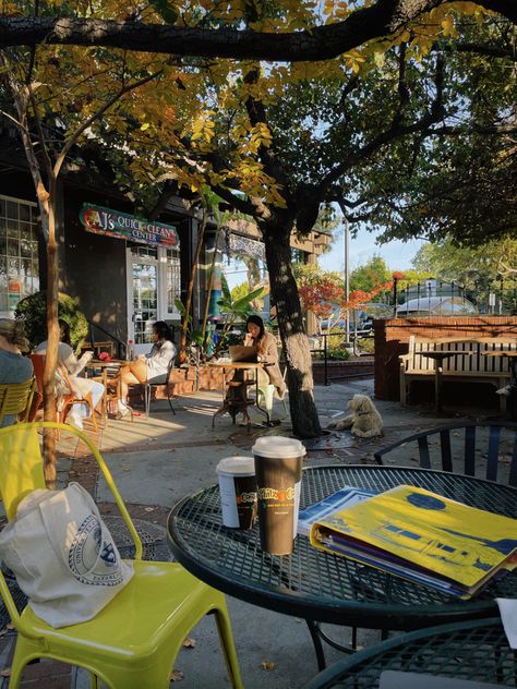 Busy Cafe Aesthetic, Downtown Coffee Shop Aesthetic, Autumn Cafe Coffee Shop, Coffee Shop Autumn, Small Town Cafe Aesthetic, Autumn College Aesthetic, Summer Cafe Aesthetic, Small Town Coffee Shop Aesthetic, Fall Coffee Shop Aesthetic