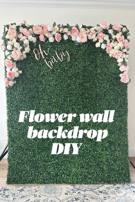 Flower wall, boxwood wall, DIY, for showers, wedding, birthday decor. Flower Wall Backdrop Birthday, Hedgewall Backdrop With Flowers, How To Make A Boxwood Backdrop, Flower Wall Diy Photo Backdrops, Diy Boxwood Wall Backdrop, Grass And Flower Wall, Flower Wall Photo Backdrops, Greenery Backdrop With Flowers, Diy Floral Wall Backdrop