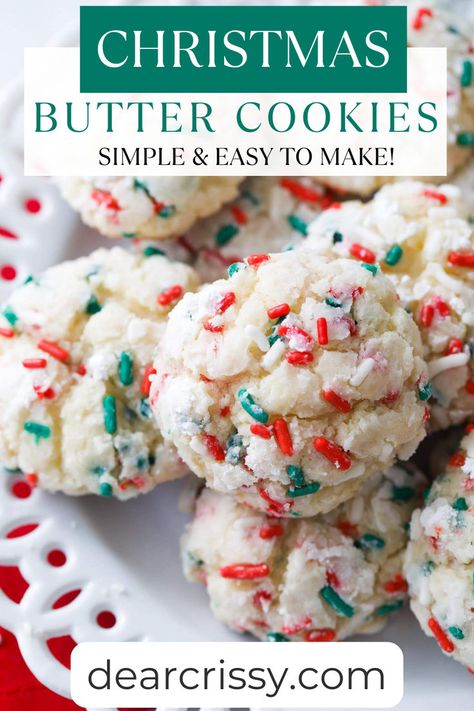 Christmas Butter Cookies are easy to make! White Cake Mix Butter Cookies are made by combining cream cheese and butter with your favorite brand of white cake mix. These ooey gooey butter cookies are topped with colorful sprinkles and a sweet dusting of confectioner's sugar, each bite captures the spirit of the season. Perfect for gifting or sharing at festive events, these Simple Christmas Cookies are simply delightful. Baked Chicken Recipes For Dinner, Quick Christmas Recipes, Christmas Recipes Baking, White Cake Mix Cookies, Christmas Recipes Dessert, Ooey Gooey Butter Cookies, Fruity Pebble Cookies, Christmas Drink Recipes, Dessert Recipes Christmas