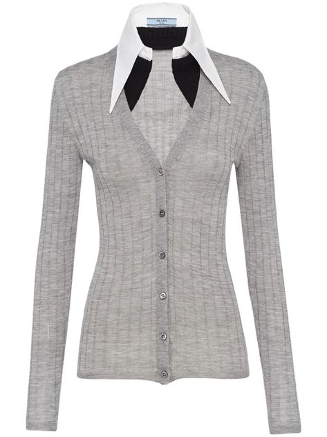 Prada pointed-collar ribbed-knit Cardigan - Farfetch Pointed Flat Collar, Grey Highlights, Silk Cardigan, Rib Knit Cardigan, Flat Collar, Cashmere Wool, Thom Browne, Shirt Collar, Cardigans For Women